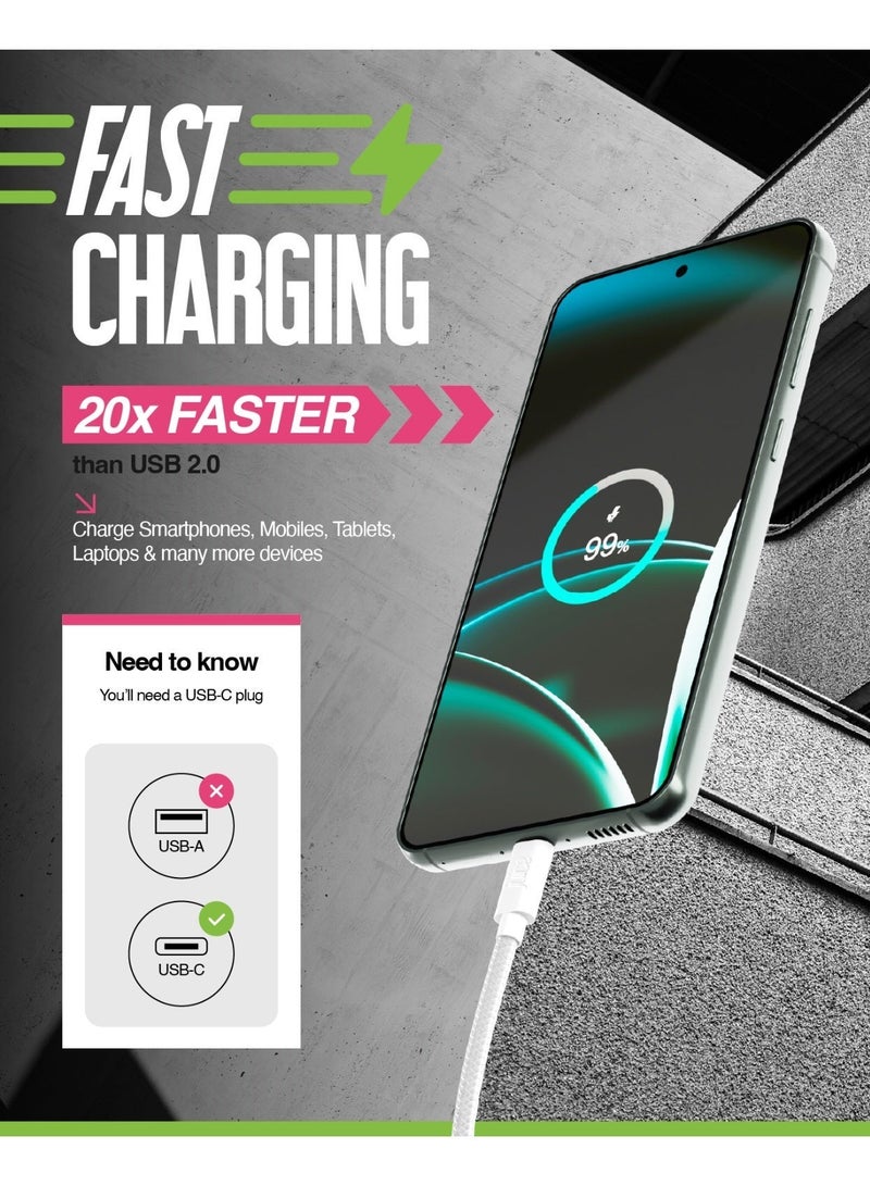 جوس كابل JUICE USB-C إلى USB-C، يدعم الشحن السريع ونقل البيانات، مزود بموصلات قابلة للعكس، مصنوع من مادة TPE، متوافق مع iPhone 17 و16 و15، وiPad Pro، وأجهزة Samsung وGoogle والمزيد، مضفر لمتانة إضافية، بطول 2 متر، باللون الأبيض. - Image 3